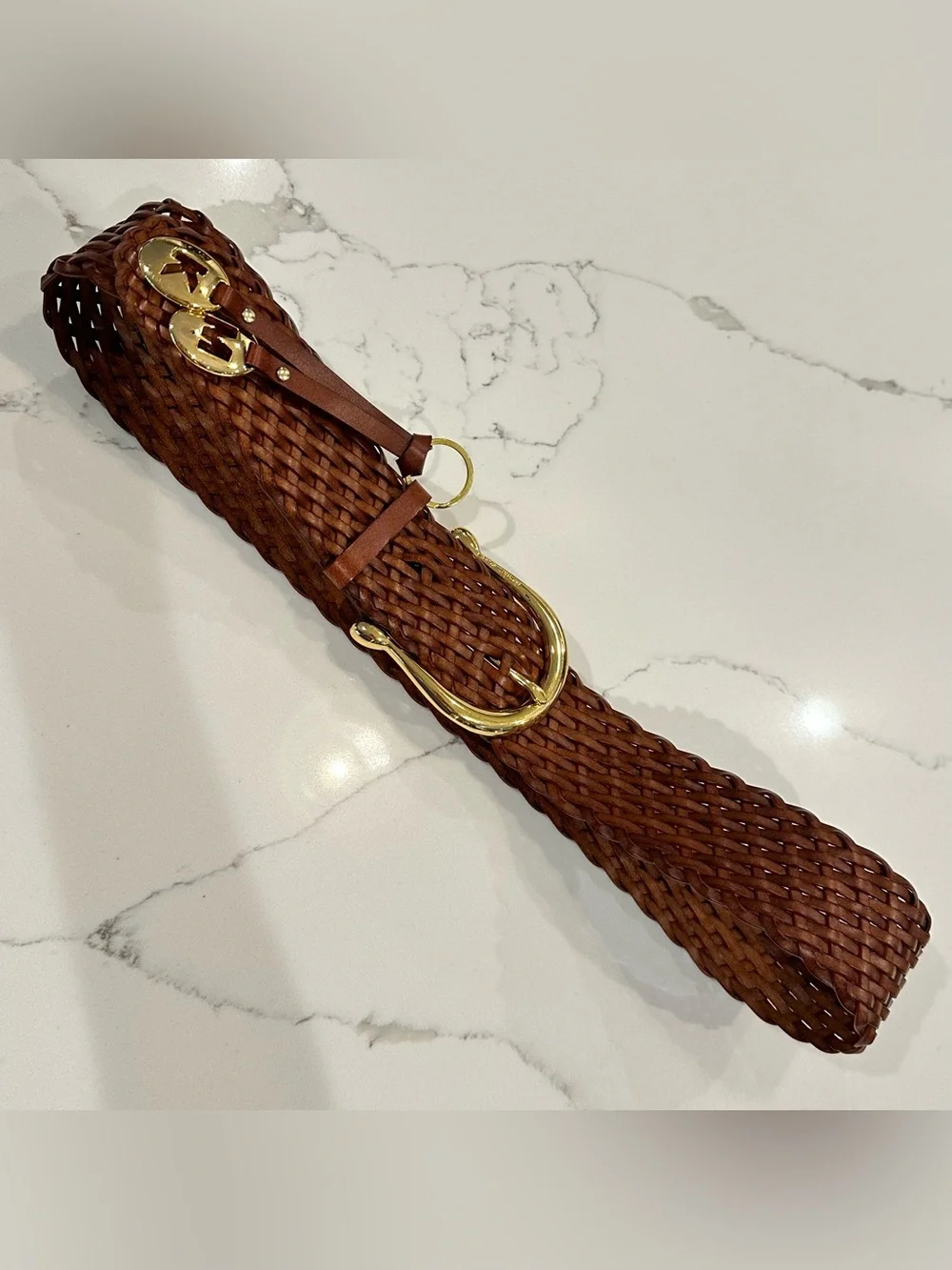Michael Kors Brown Leather Braided Wide Belt Women’s L Logo Gold Buckle Charm